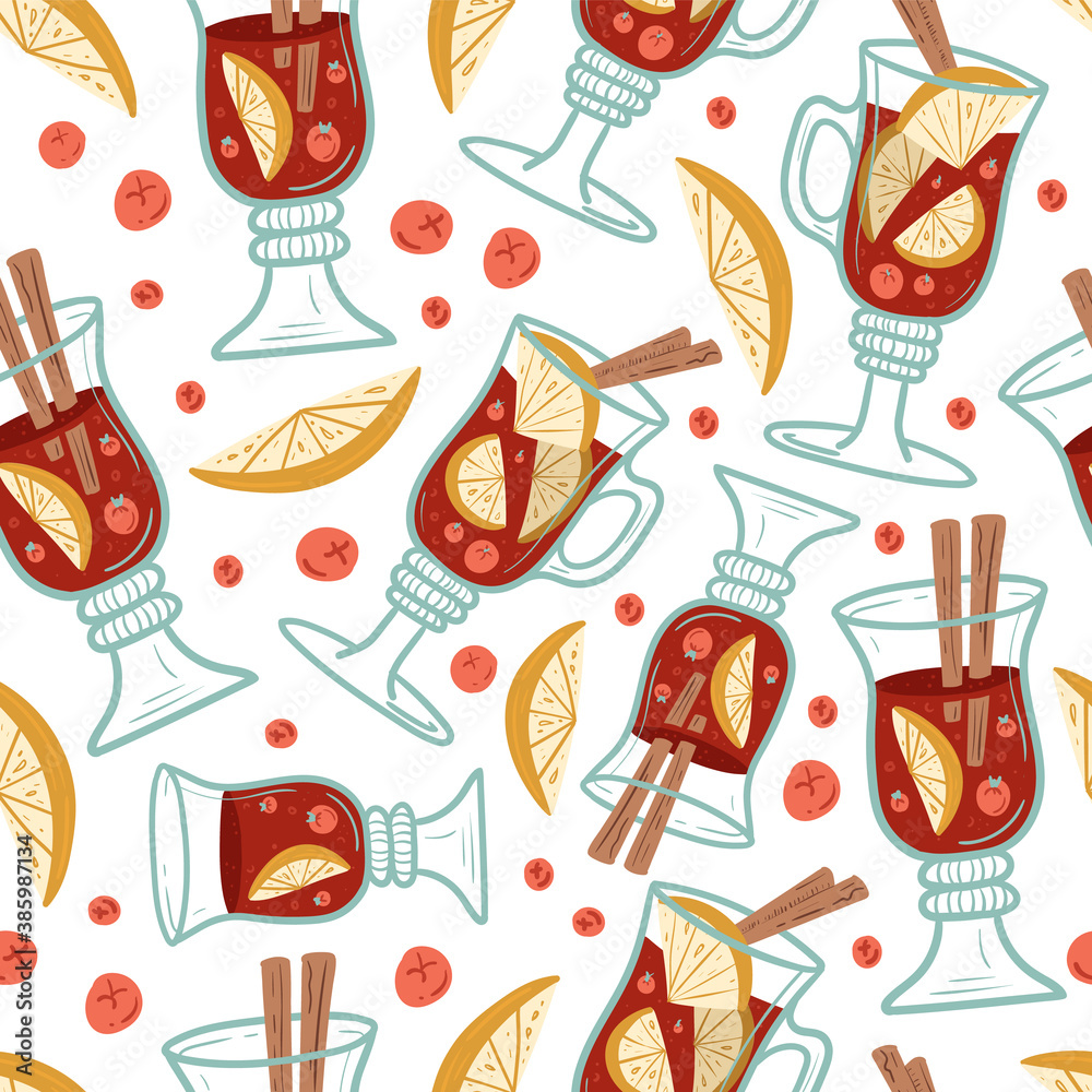 Mulled wine with glass seamless pattern. Christmas drink. Hot drinks. Autumn and winter holidays Mulled wine with glass seamless pattern. Christmas drink. Hot drinks. Autumn and winter holidays