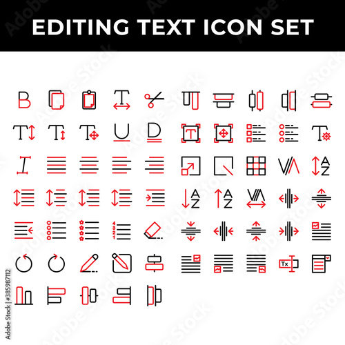 editing text icon set include text bold,document,paste,spacing,increase,redo,align,compose,distribute,scale,grid,kerning,layout