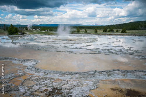 hydrothermal area of great fountain geyser in yellowstone national park, wyoming in the usa