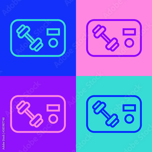 Pop art line Fitness club, gym card icon isolated on color background. Vector.