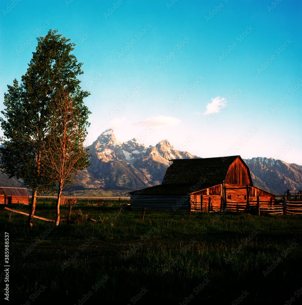 Iconic View of Mormon Barn as the Sun Rises in the Grand Teton National Park