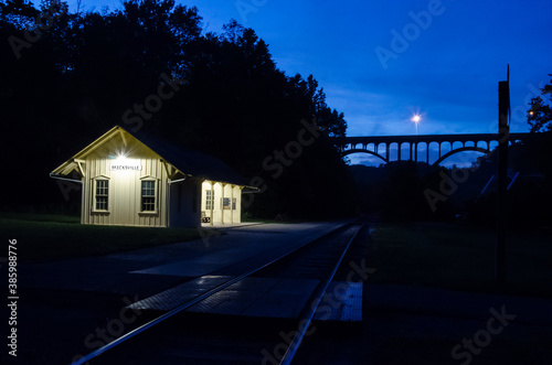 Station Railway Stop along the Cuyahoga Valley Scenic Railway in the Cuyahoga Valley National Park with the Route 82 Bridge taken at Dusk