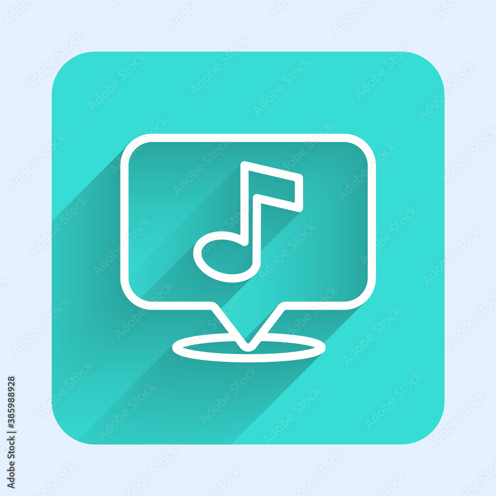 White line Musical note in speech bubble icon isolated with long shadow. Music and sound concept. Green square button. Vector. White line Musical note in speech bubble icon isolated with long shadow. Music and sound concept. Green square button. Vector.
