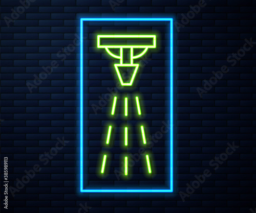 Glowing neon line Fire sprinkler system icon isolated on brick wall background. Sprinkler, fire extinguisher solid icon. Vector.