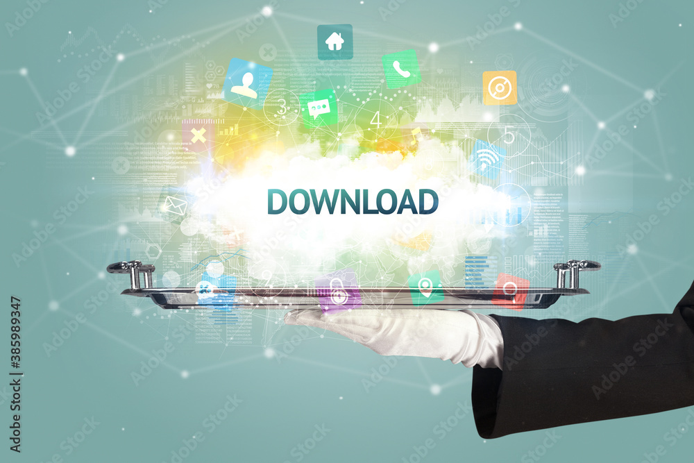 Waiter serving social networking concept with DOWNLOAD inscription Waiter serving social networking concept with DOWNLOAD inscription