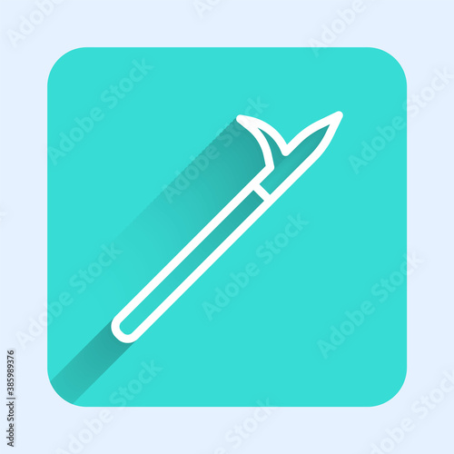 White line Metal pike pole with wooden handle icon isolated with long shadow. Spear, pickaxe, hook hand extinguishing instrument and tool for fireman. Green square button. Vector.