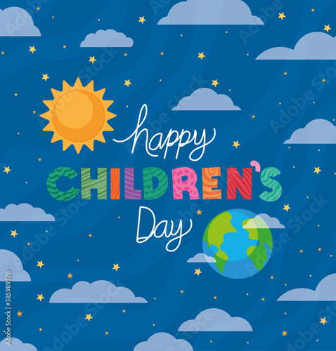 Happy childrens day with sun world and clouds vector design