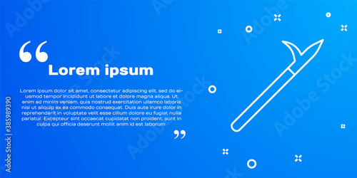 White line Metal pike pole with wooden handle icon isolated on blue background. Spear, pickaxe, hook hand extinguishing instrument and tool for fireman. Vector.