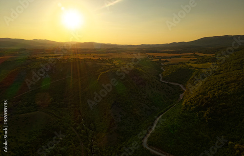 Landscape from the top of the mountains in Bulgaria near Serbia border, Dragoman area in Bulgaria, Europe. Beautiful view during during sunset or sunrise, last or first sun rays photo