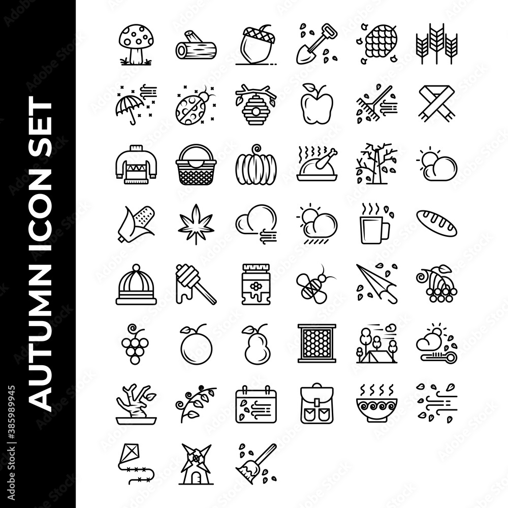 Autumn icon set include mushroom,lumber,chestnut,umbrella,bugs,beehive,sweater,basket,pumpkin,corn,autumn,cloud,beanie,honey,jar,grape,orange,pear,leaves,pine,grain,apple,fork,scarf,chicken,foliage