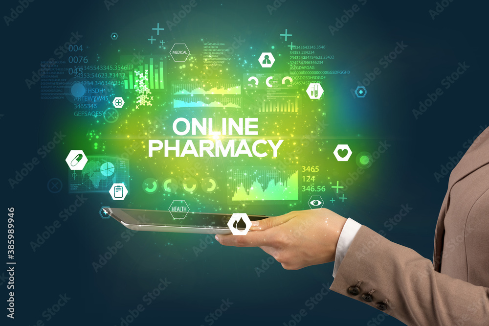 Obraz premium Close-up of a touchscreen with ONLINE PHARMACY inscription, medical concept