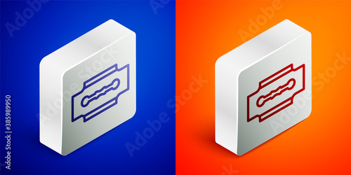 Isometric line Blade razor icon isolated on blue and orange background. Silver square button. Vector.