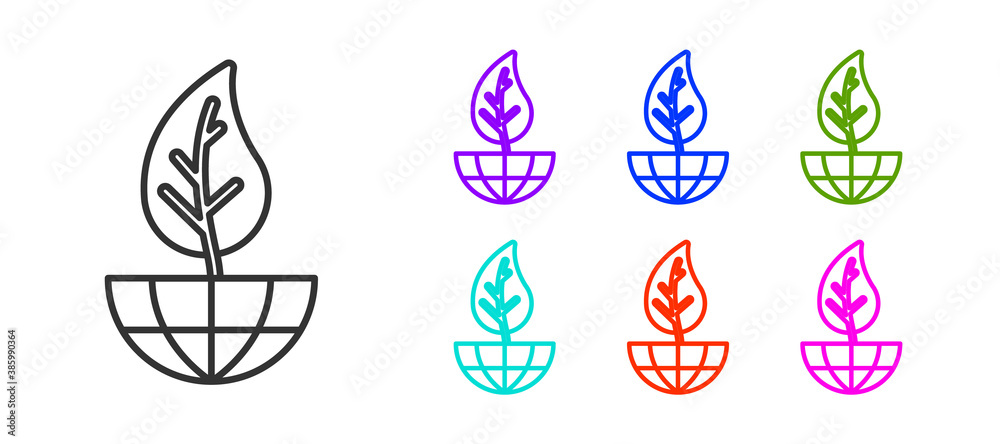 Black line Earth globe and leaf icon isolated on white background. World or Earth sign. Geometric shapes. Environmental concept. Set icons colorful. Vector.