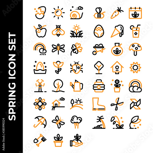 Spring icon set include egg,sun,snail,apple,bee,grass,rainbow,dragonfly,flowers,clover,bug,turbine,sunflower,farm,landscape,umbrella,butterfly,broccoli,fork,pot,hand,carrot,calendar,drink,wheelbarrow
