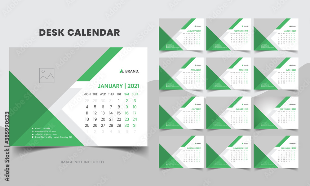 Desk Calendar 2021 Template, Editable 2021 Desk Calendar with green. Modern and Creative New year Calendar