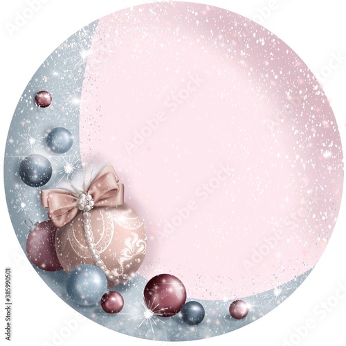 Round Christmas decoration in glamour style  in pastel colours on the pink background