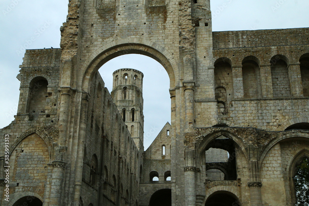 The remains of the cloister in Jumiéges in Normandy in France. 