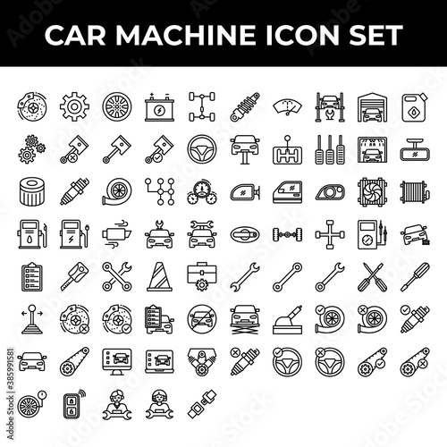car machine icon set include brake, gear, wheel, battery, repair, part, piston, steering, filter, spark, turbo, transmission, speedometer, fuel, charge, exhaust, car, key, toolkit, cone, stick