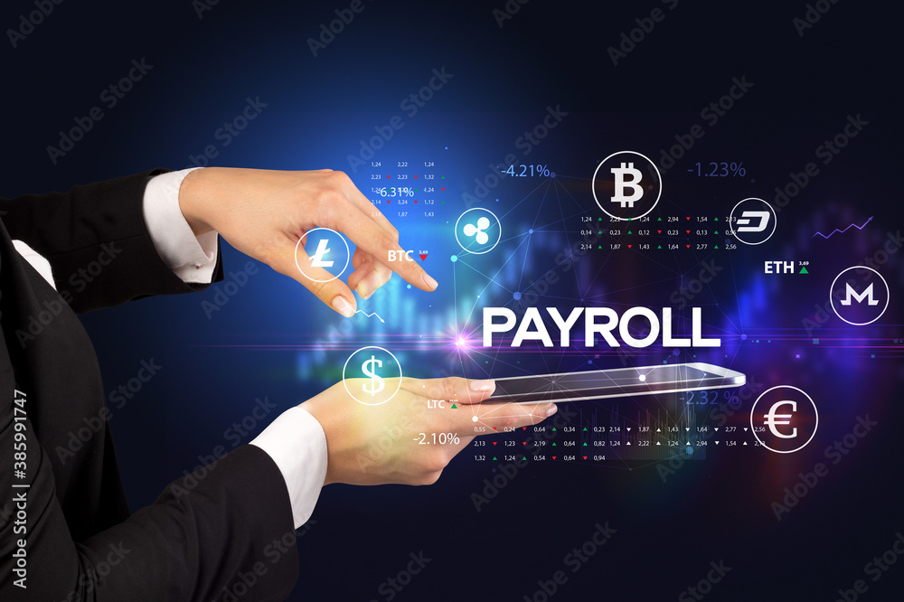 Obraz premium Close-up of a touchscreen with PAYROLL inscription, business opportunity concept