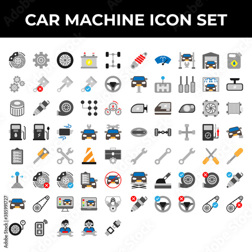car machine icon set include brake, gear, wheel, battery, repair, part, piston, steering, filter, spark, turbo, transmission, speedometer, fuel, charge, exhaust, car, key, toolkit, cone, stick