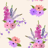 Seamless vector illustration with gladiolus and lupine on a light background.