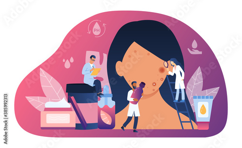 Abstract dermatology or skin care concept with tiny people doctors treating girls sick and inflamed face skin. Facial problems. Cosmetology Procedures. Flat cartoon vector illustration