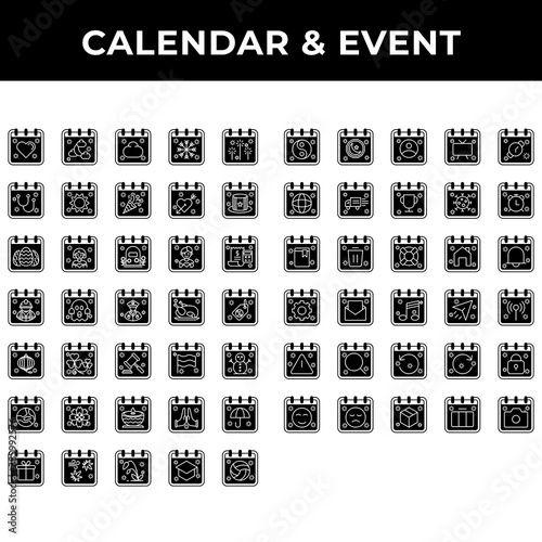icon set calendar and event include love, islam, cloud, snow, firework, stethoscope, sun, new year, valentine, presidents, easter, mothers, day, memorial, fathers, tax, labor, halloween, veteran