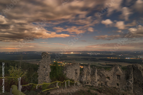 A look from the ruin of the old abandoned castle on the landscape beneath the moonlight