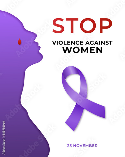 November 25, Stop Violence Against Women. Creative poster with silhouette of a crying woman and awareness ribbon. Vector design.