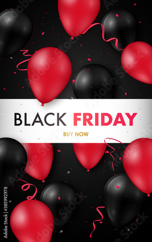 Black Friday Sale poster with glossy black and red balloons. Vector illustration. Concept design for flyers, brochures, advertising banners.
