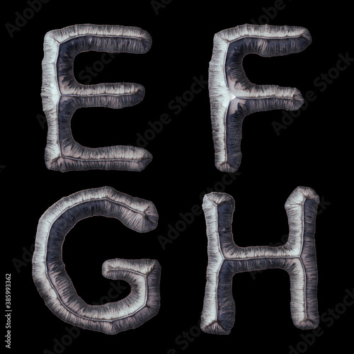 Set of capital letters E, F, G, H made of forged metal isolated on black background. 3d