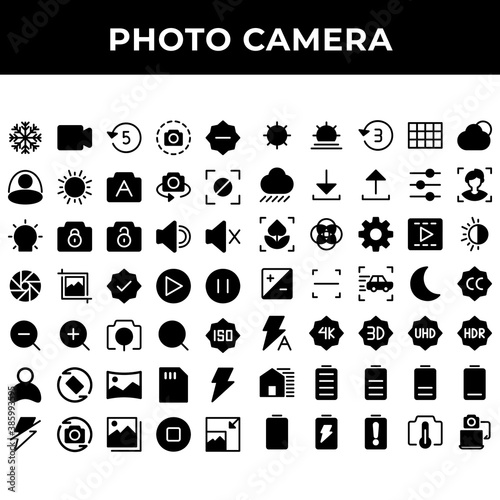 photo camera icon set include mode, video, timer, screen shot, camera, sun, photo, light bulb, padlock, speaker, shutter, crop, accept, play, pause, search,user, rotate, panorama