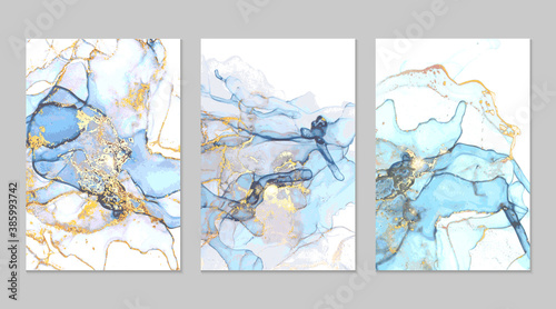 Ocean blue and gold marble abstract backgrounds in alcohol ink technique. Set of vector stone textures. Modern paint with glitter. Template for banner, poster design. Fluid art painting