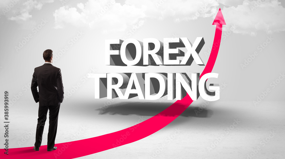 Rear view of a businessman standing in front of FOREX TRADING inscription, successful business concept Rear view of a businessman standing in front of FOREX TRADING inscription, successful business concept