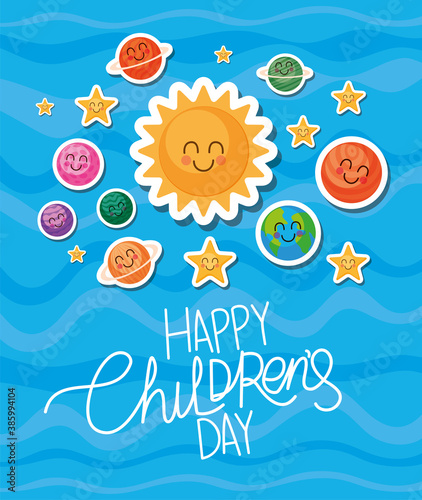 Happy childrens day with space cartoons icons vector design