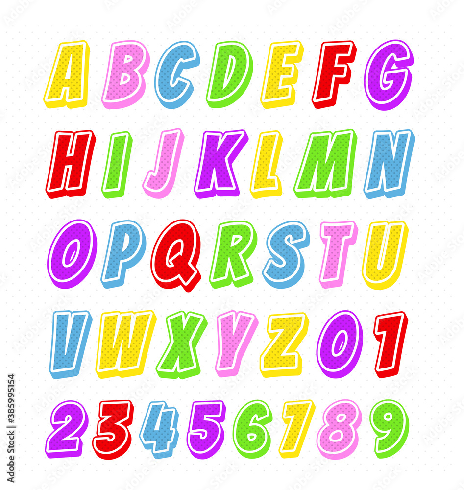 cartoon funny alphabet font with dot pattern various colors Stock ...