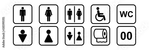 wc toilet sign. vector male female bathroom. woman men restroom. black silhouette white background