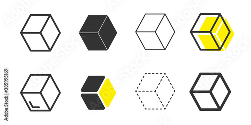 3d cube line vector icon. geometric linear logo sign. three-dimensional outline symbol isolated on white background. modern shape template stock illustration