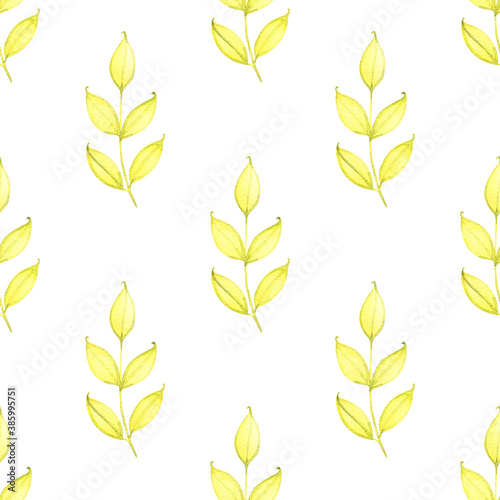 Watercolor hand drawn seamless pattern with spring tender leaves