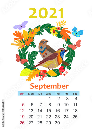Bird calendar 2021. romantic floral wreath with autumn leaves an