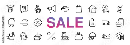 PIZZA DELIVERY, and Food Icon Set Vector thin line, contains courier, home delivery, food ordering, fast transport, drone, ship, car, editable stroke. ICONS circuits black friday