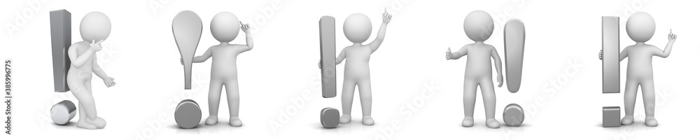 Exclamation mark exclamation point silver grey warning advice sign 3d symbols icon white positive thinking asking stick man with idea Exclamation mark exclamation point silver grey warning advice sign 3d symbols icon white positive thinking asking stick man with idea