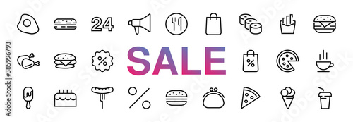 A simple set of fast food icons related to the vector line. Contains icons such as pizza, burger, sushi, bike, scrambled eggs and more. EDITABLE stroke. black friday