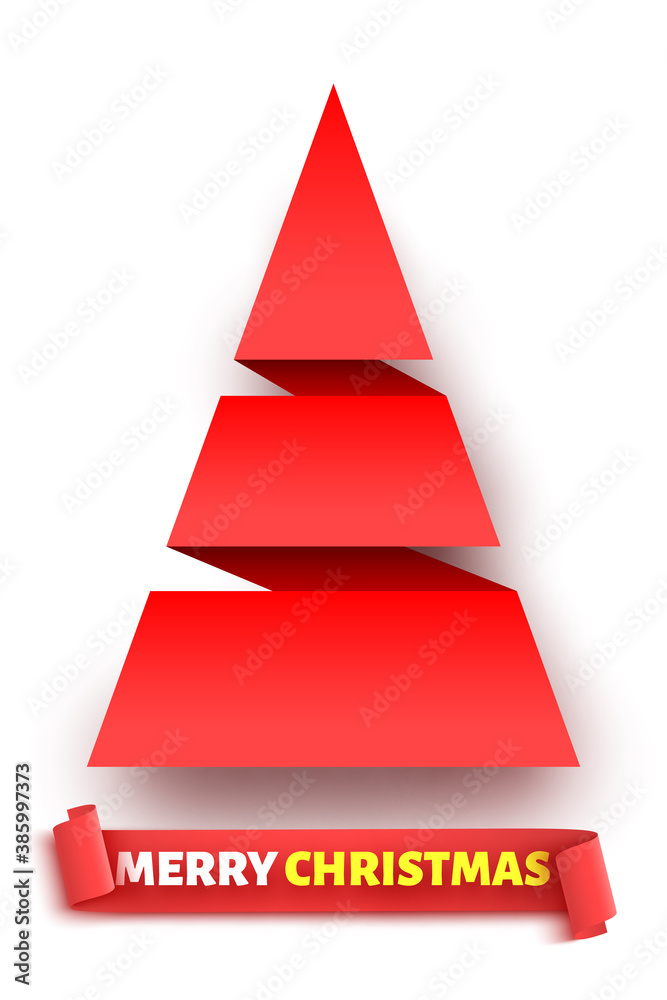 Red paper Christmas tree and ribbon on white background. Vector illustration.