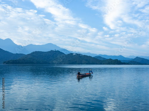 Sun Moon Lake with boat in the morning, Taiwan.