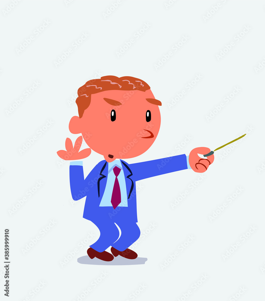 cartoon character of businessman doubts while pointing to the side with a pointer