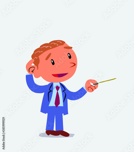 cartoon character of businessman doubts while pointing with a pointer
