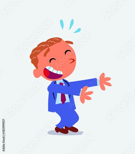 artoon character of businessman laughing a lot while showing something