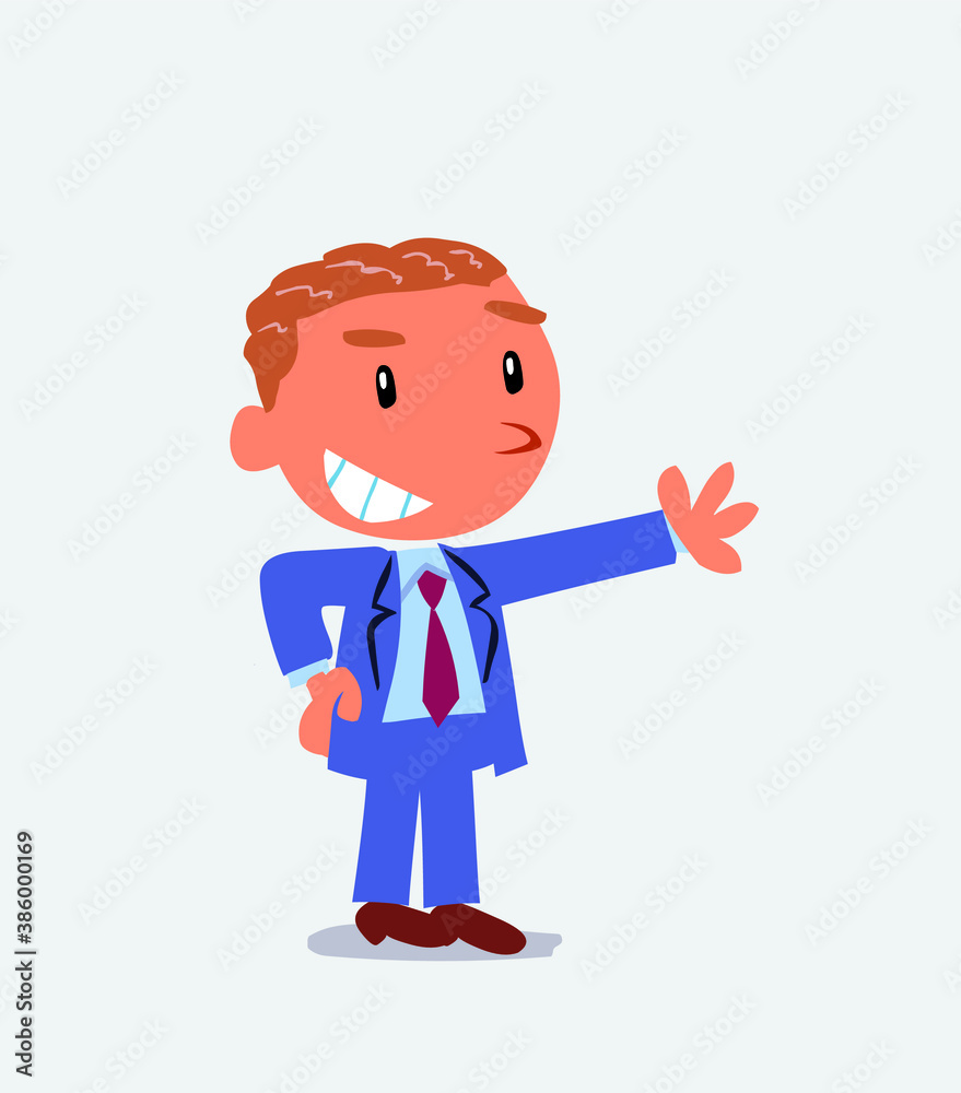 Pleased cartoon character of businessman points to something Pleased cartoon character of businessman points to something