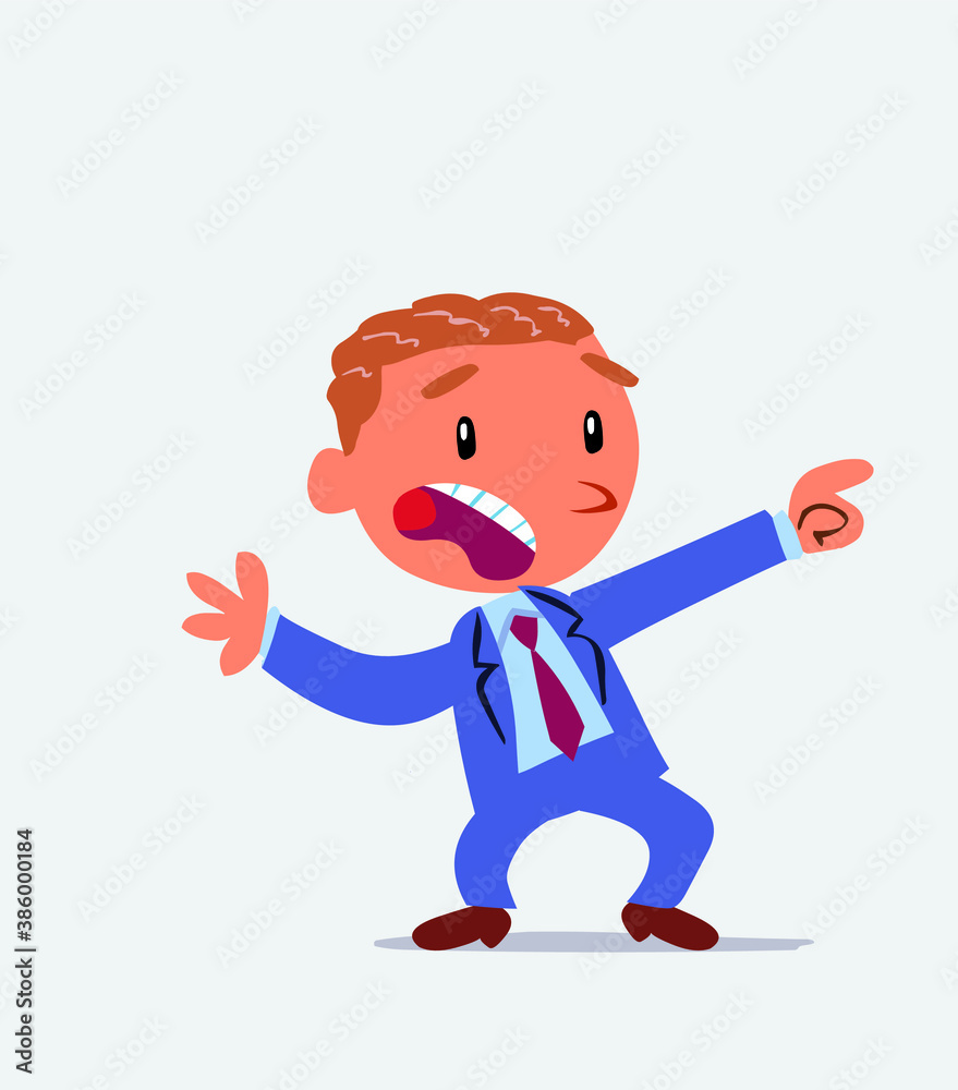 Scared cartoon character of businessman points to the side